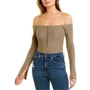 Good American Half Zip Ribbed Bodysuit Color Brindle Size 6 Long Sleeve Thong